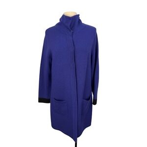 Chicos Royal Blue 100% Wool Longline Cardigan Funnel Neck Snap Front Sweater 2 L